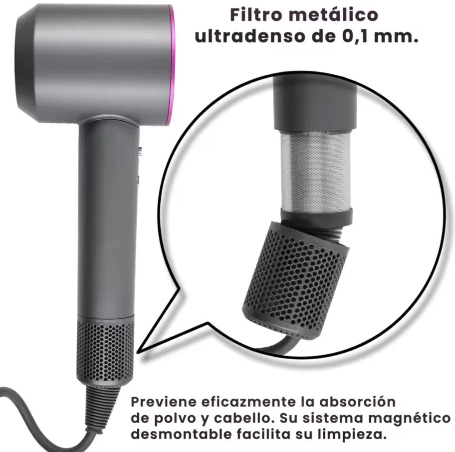 Super Hair Dryer Professional Ionic Hair Dryer, Latest Generation Innovative Design Without Asphalt, Weight and Size Reduced, With Six Accessories, Includes Wall Bracket, Straightening Nozzle, Flyaway, Diffuser, soft Air Nozz