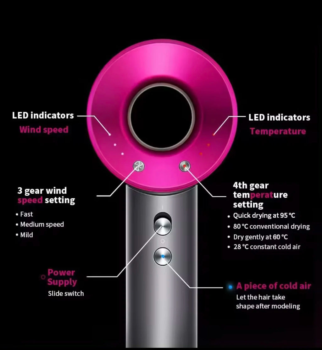 Super Hair Dryer Professional Ionic Hair Dryer, Latest Generation Innovative Design Without Asphalt, Weight and Size Reduced, With Six Accessories, Includes Wall Bracket, Straightening Nozzle, Flyaway, Diffuser, soft Air Nozz